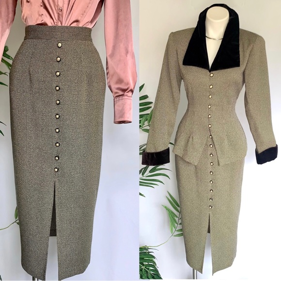 Vintage Dresses & Skirts - v i n t a g e :: 2pc Houndstooth Pencil Skirt Pearl Blazer Coordinated Suit Set